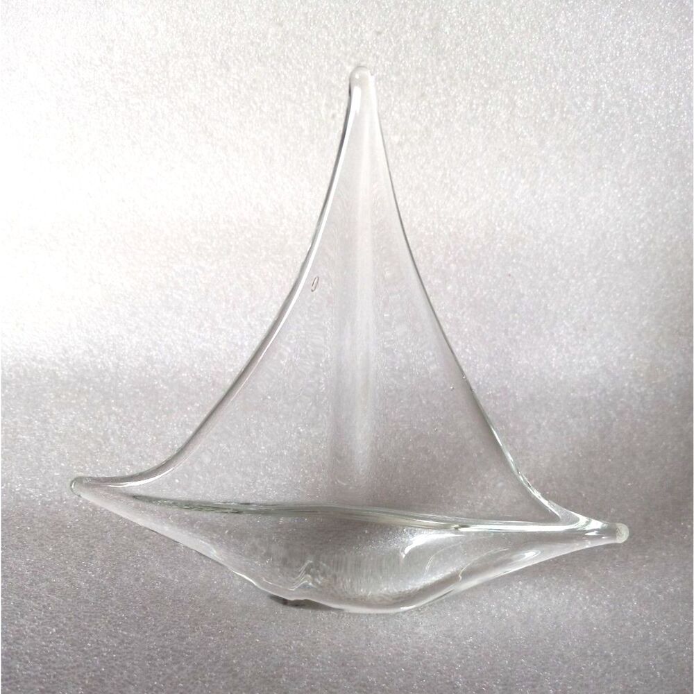 6" x 6.5" Art Glass Sailboat Paperweight Clear Glass Possibly Crystal Unmarked